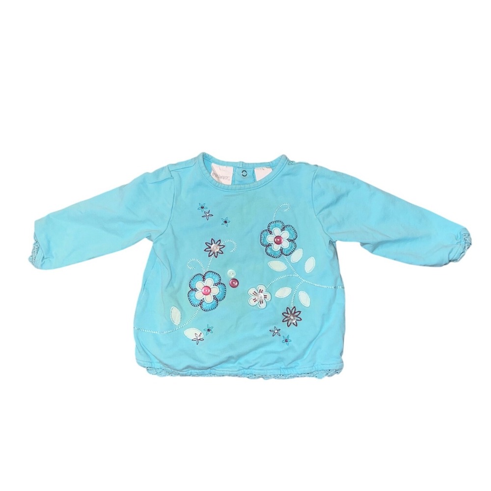 Vintage Y2K Miniwear Baby Girls Light Blue Floral Embroidered Long Sleeve Top